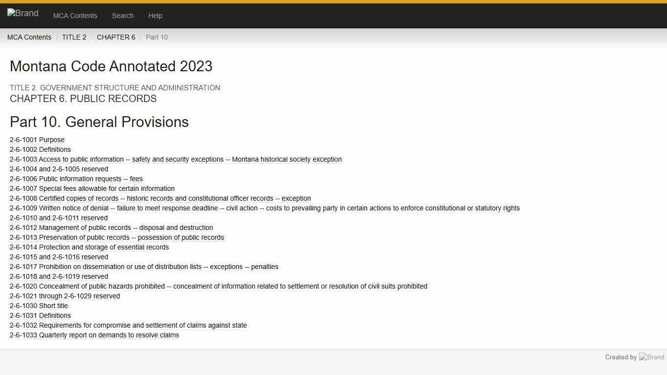 Part 10. General Provisions - Table of Contents, Title 2, Chapter 6, MCA