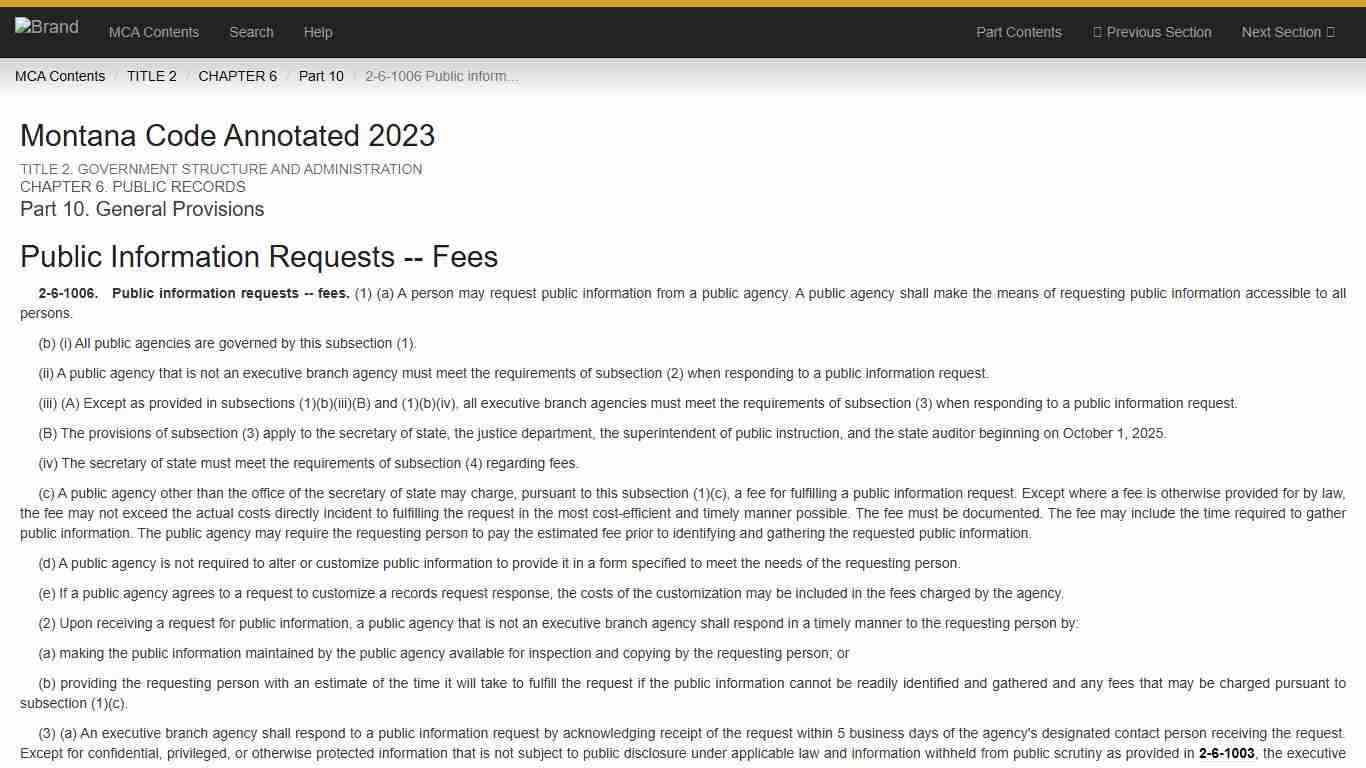 2-6-1006. Public information requests -- fees, MCA